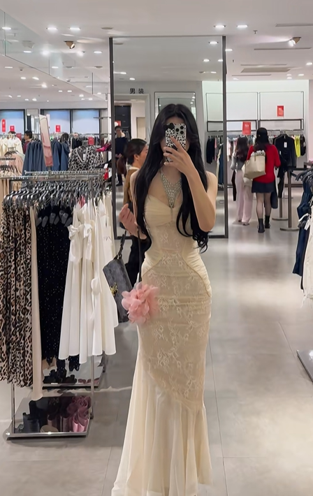 Light apricot spaghetti strap waist-cinching slim-fit mermaid sexy prom dress R7923