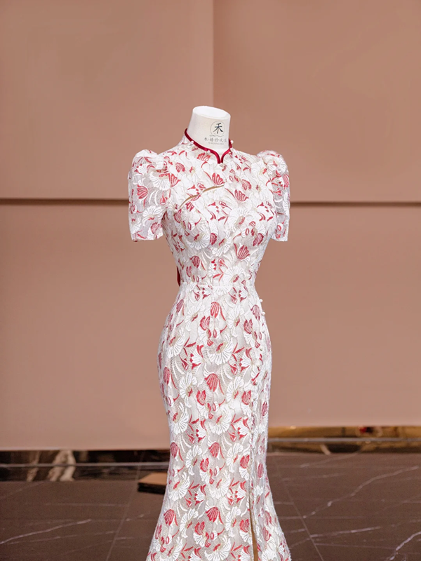 Red floral print, Chinese-style neckline, fitted waist, slimming silhouette, sexy long ball gown R8402