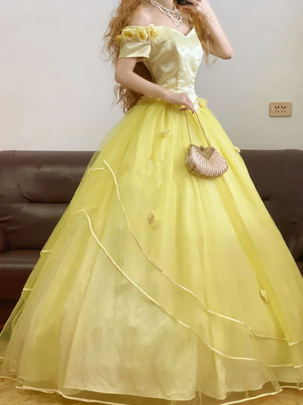 Yellow Off-the-Shoulder Waist-Cinched Puffy-Hem Long-Length Ball Gown, Bridal Gown R7330