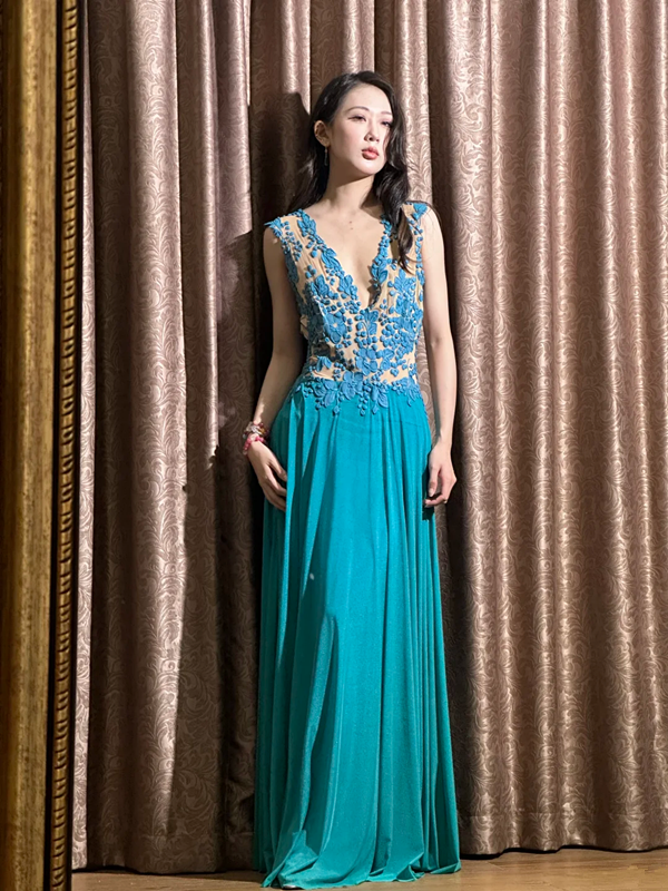 Lake blue V-neck sexy straight skirt ball gown R8060