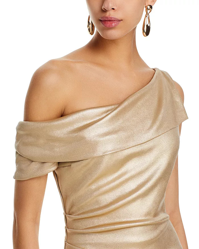Golden one shoulder satin off shoulder and floor length evening dress