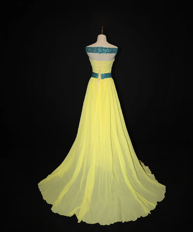 Yellow off-the-shoulder floor-length ball gown with a cinched waist and elegant temperament; bridal gown R7290