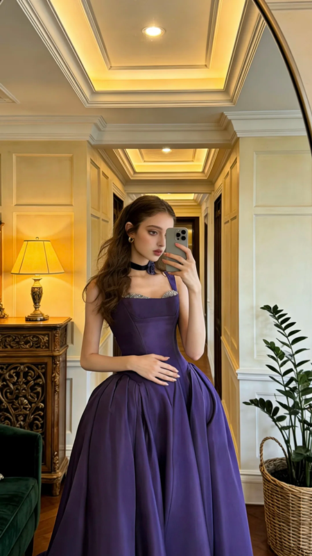 Purple halter-neck fitted long ball gown R8621