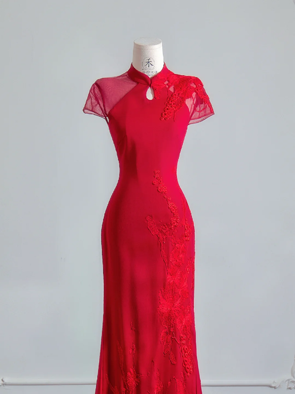 Red Chinese-style neckline, fitted waist, slimming and sexy long ball gown R8151