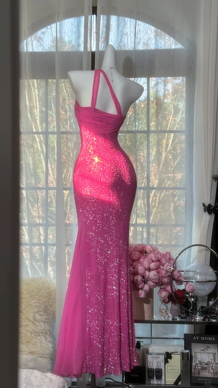 Rose pink one-shoulder halter waist slim fit hip-hugging sexy long ball gown R7693