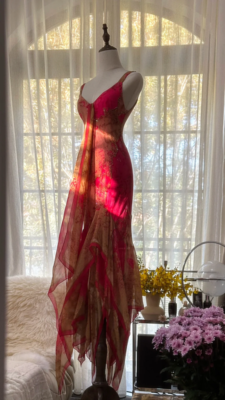 Pink retro color-blocked halter-neck fitted long ball gown R7733