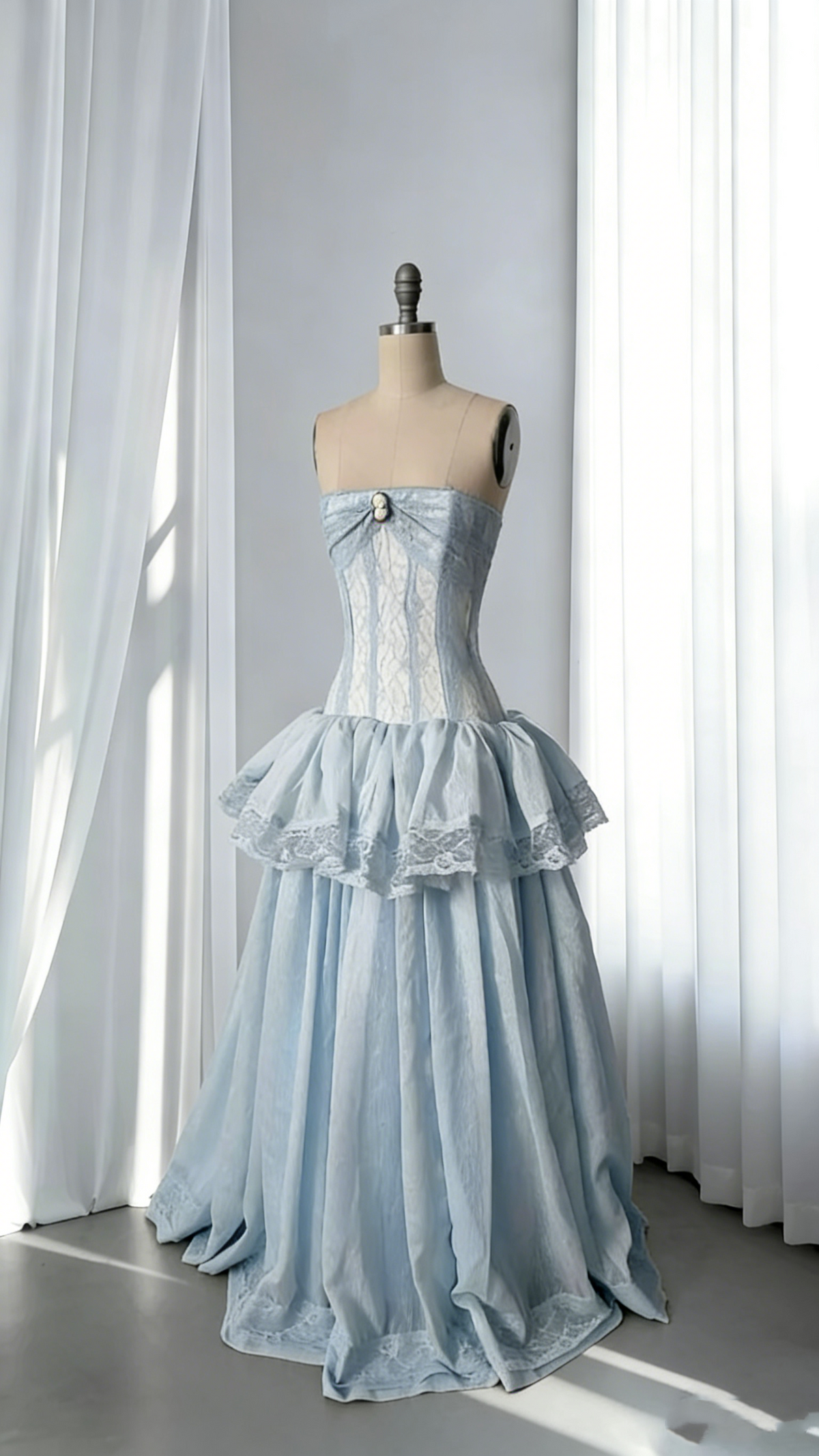 Sweet Blue Strapless Ball Gown Lace Satin Layered Long Birthday Party Dress SP1829