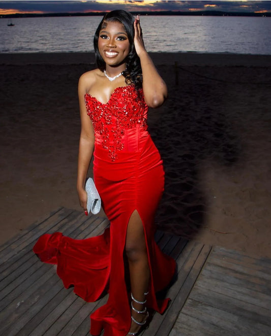 Beaded Mermaid Prom Dress Red Sweetheart Evening Gown