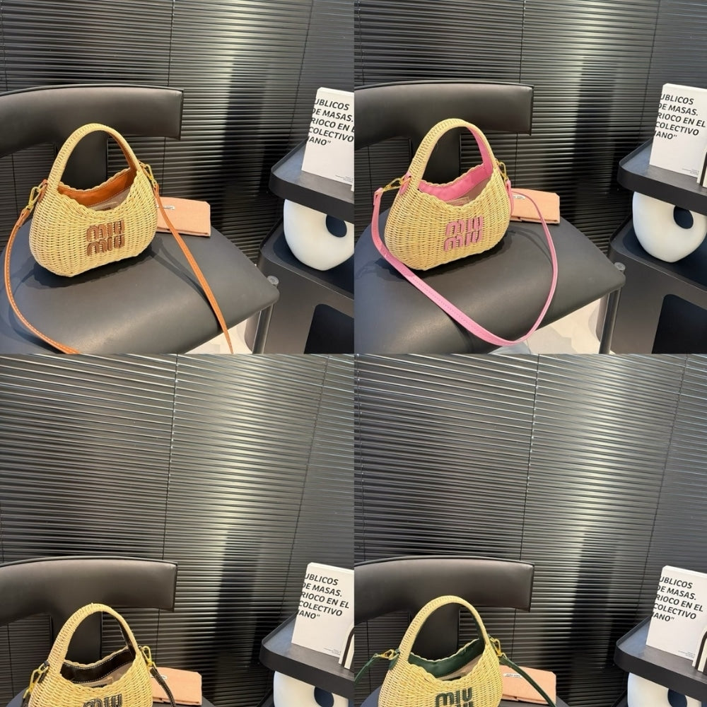 MIUMIU WANDER WICKER HOBO BAG TAN AND CARAMEL 13CM 5BC125 2BVU F0KFZ V OOO