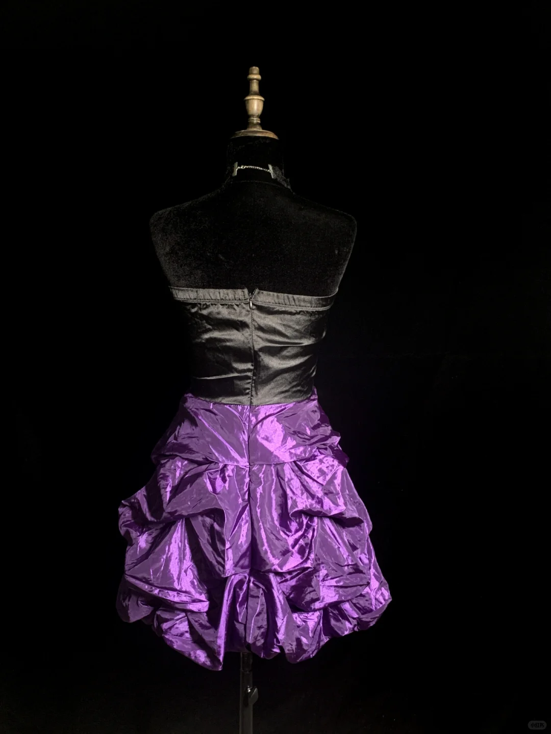 Black strapless top with a fitted waist and purple short hem, a prom dress R8682