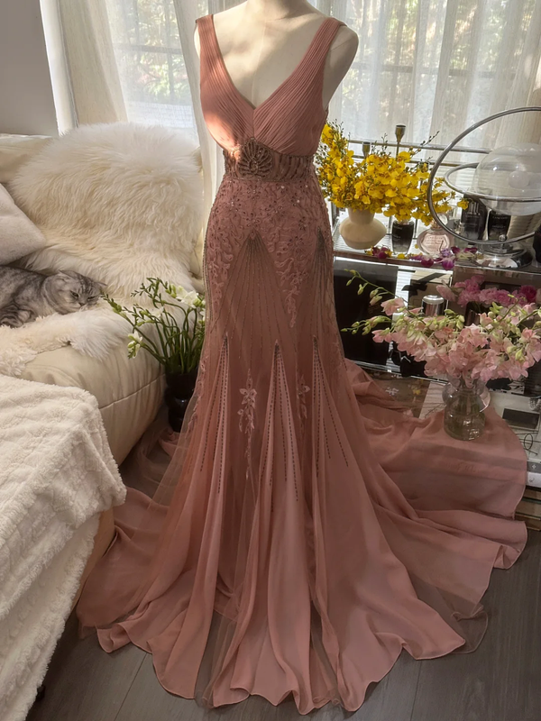 Nude pink V-neck fitted waist bodycon sexy long ball gown R7734