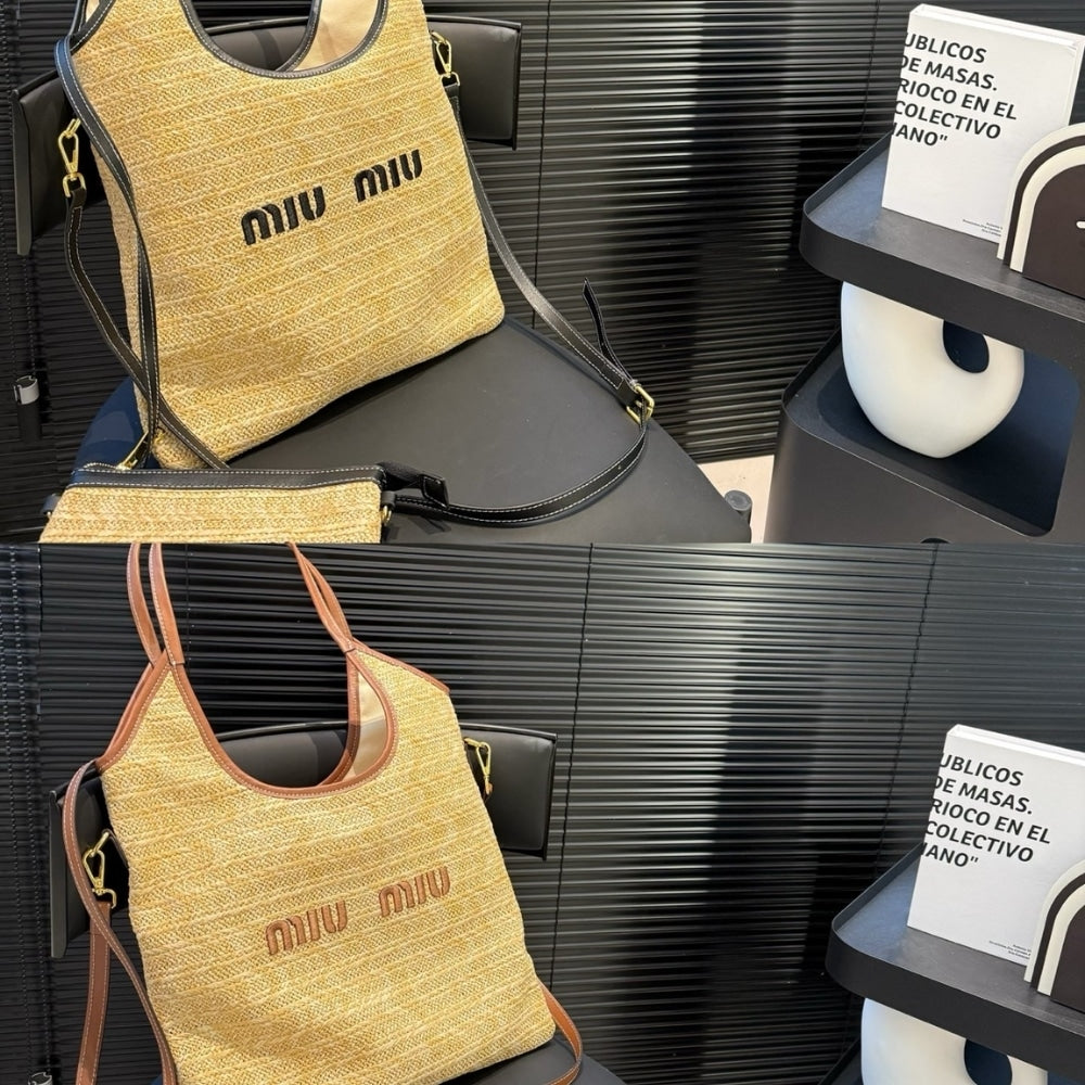 MIU MIU IVY STRAW BAG PREMIUM BROWN 34CM
