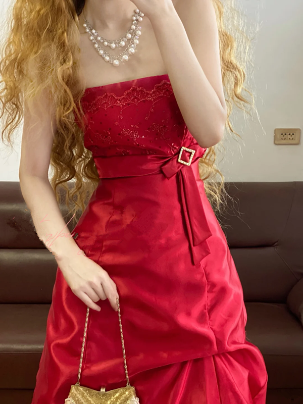 Red Strapless Waist-Cinched Long-Length Bud-Hem Ball Gown, Bridal Gown R7333