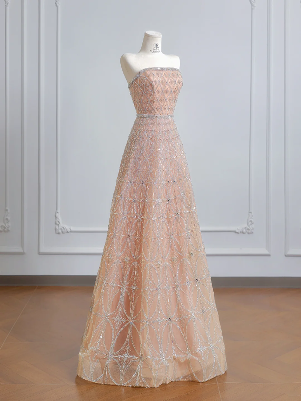 Light pink strapless, fitted waist, A-line skirt, long ball gown R8205