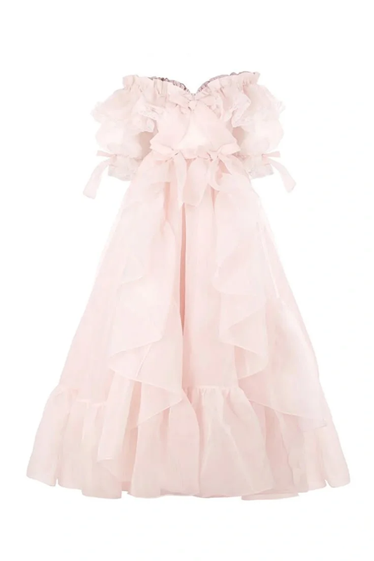 Light pink off-the-shoulder cake skirt ball gown R8562