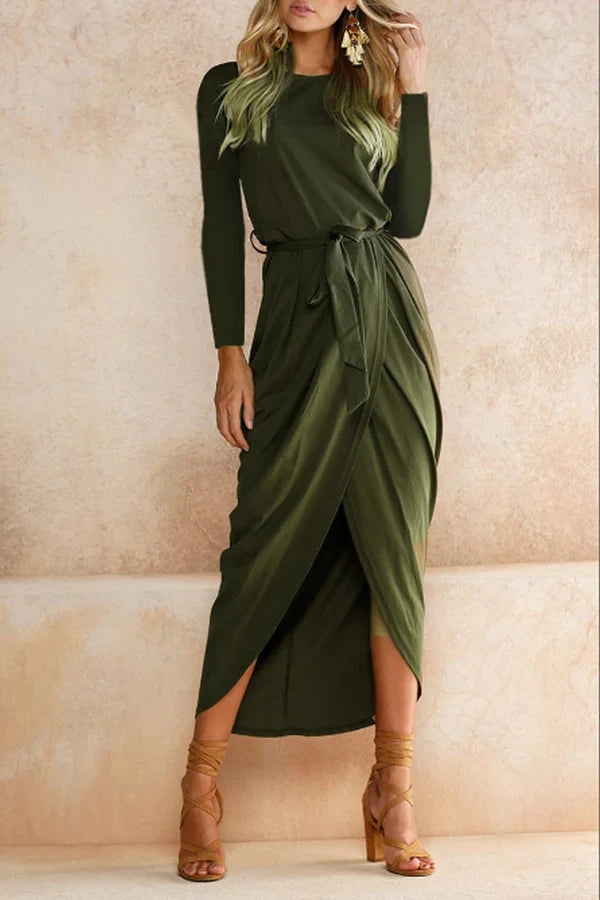 Casual solid color patchwork O-neck straight leg evening dress