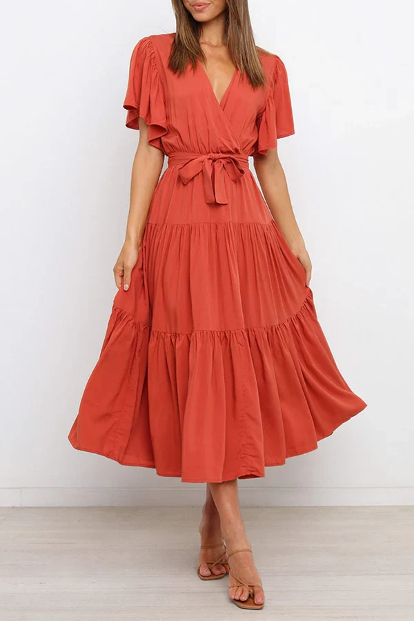 Leisure solid color patchwork V-neck cake dress evening dress