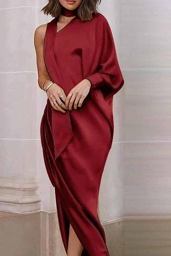 Casual solid color patchwork neck hanging irregular evening dress