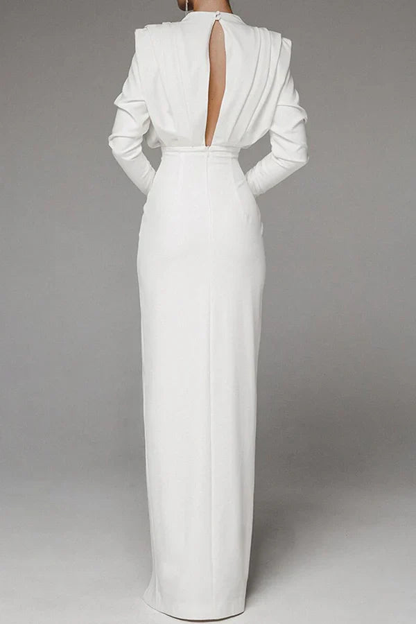 Elegant solid color patchwork with exposed back slit foldable O-neck straight leg evening dress