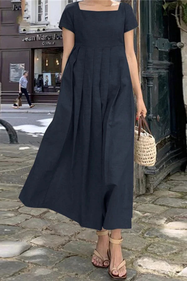 Leisure minimalist solid color pleated square collar A-line evening dress