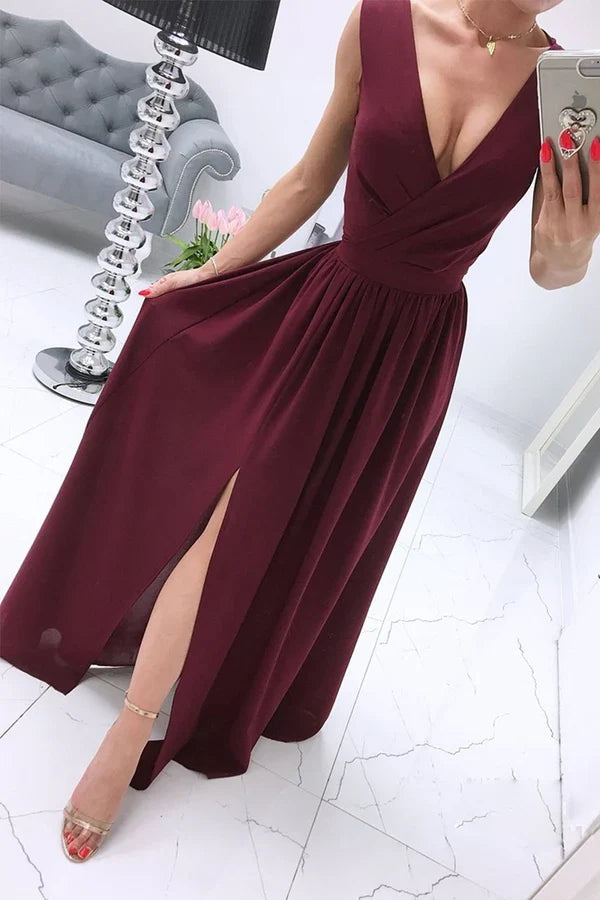 Sexy and minimalist solid color slit V-neck evening dress