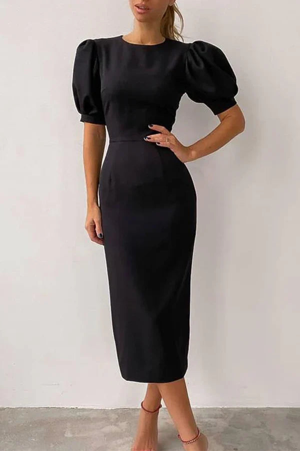 Elegant solid color patchwork O-neck A-line evening dress