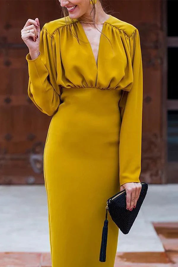 Elegant solid color pleated V-neck one-step dress for evening dress