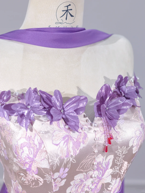 Light purple floral print strapless waist-cinching bodycon skirt ball gown R8261