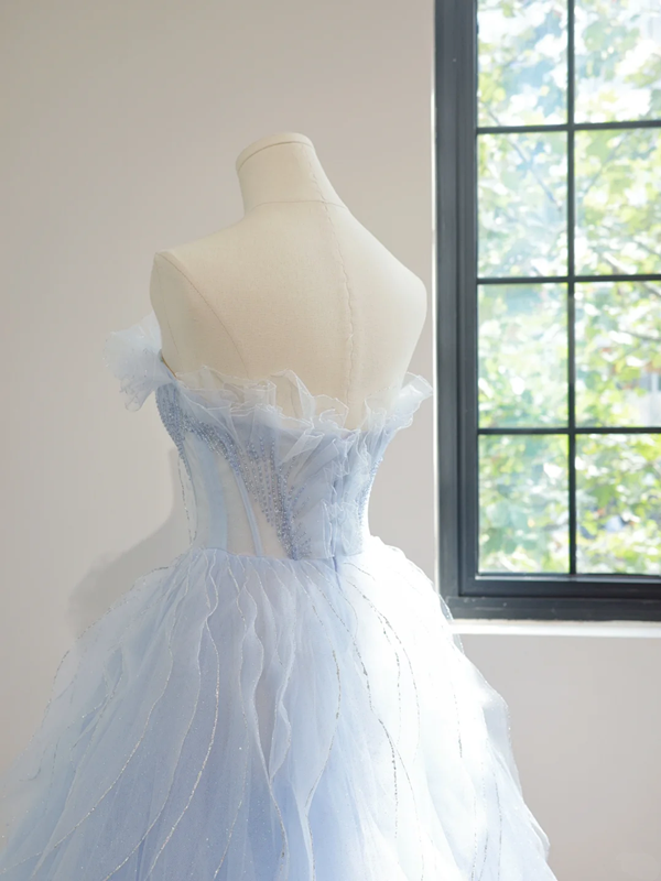 Light blue strapless, fitted waist, full skirt, mid-length ball gown R8466