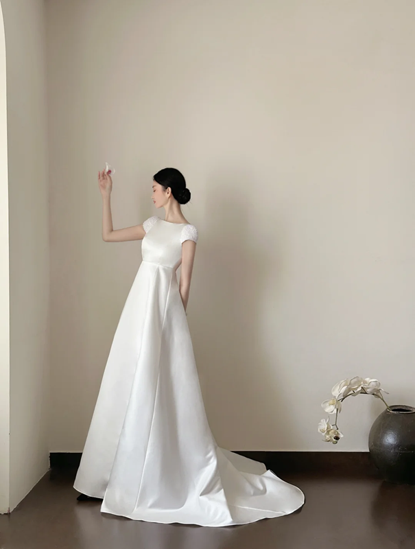 White high‑waist elegant long prom dress R7967