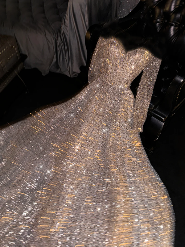Gold sequined off-shoulder fitted long ball gown/bridal dress R8719