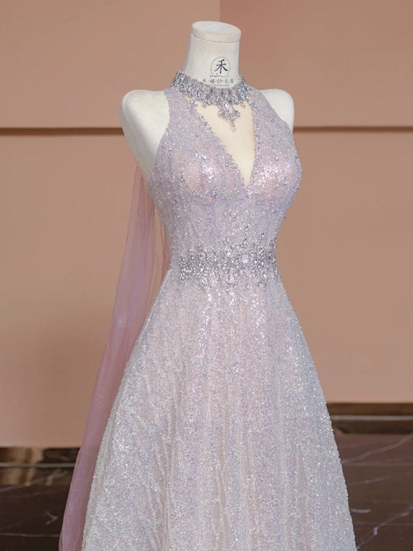 Light pink V-neck fitted A-line skirt rhinestone long ball gown/bridal dress R8292
