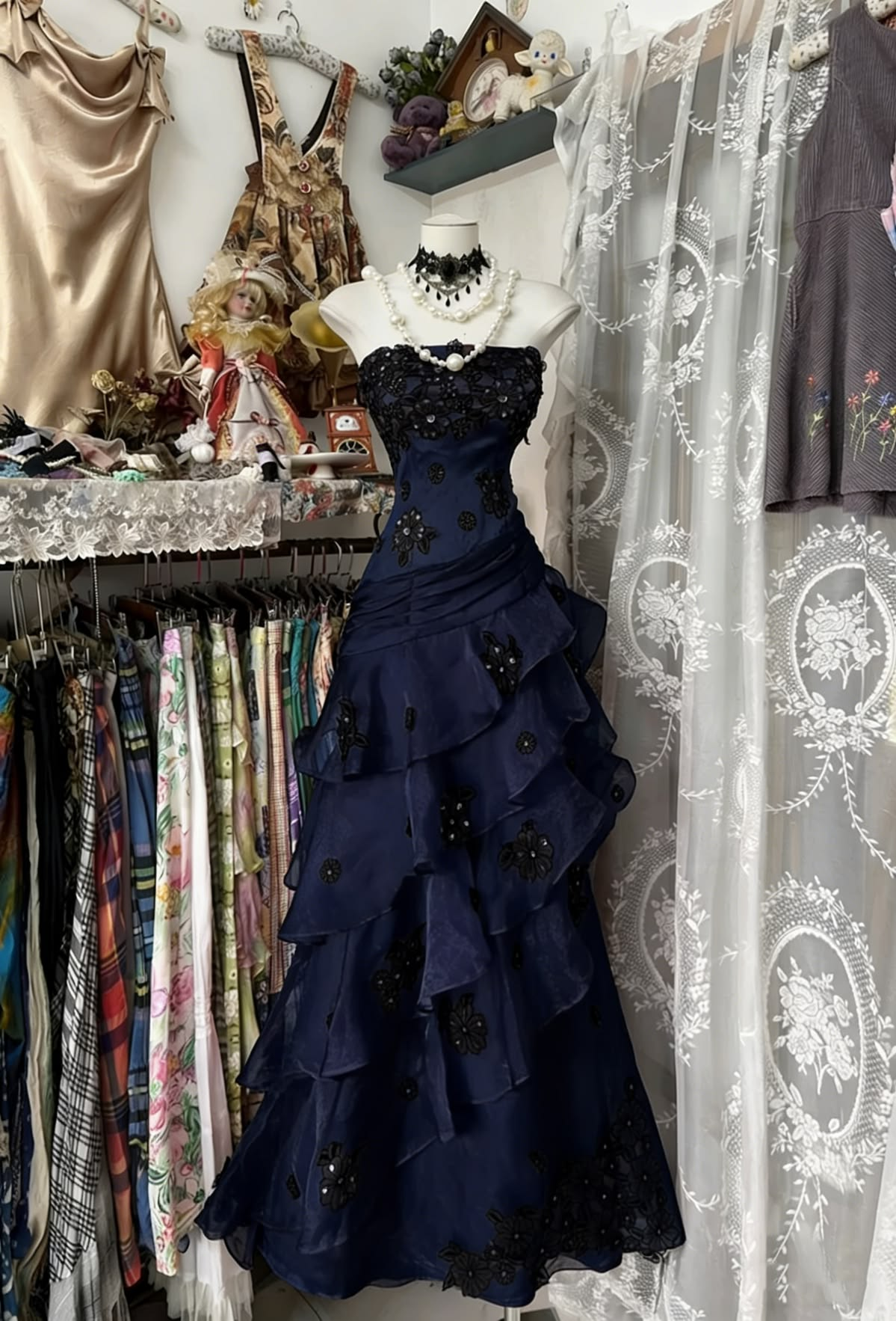 Navy Blue Strapless Fitted Waist Slim Ruffle Hem Prom Evening Gown gh7306