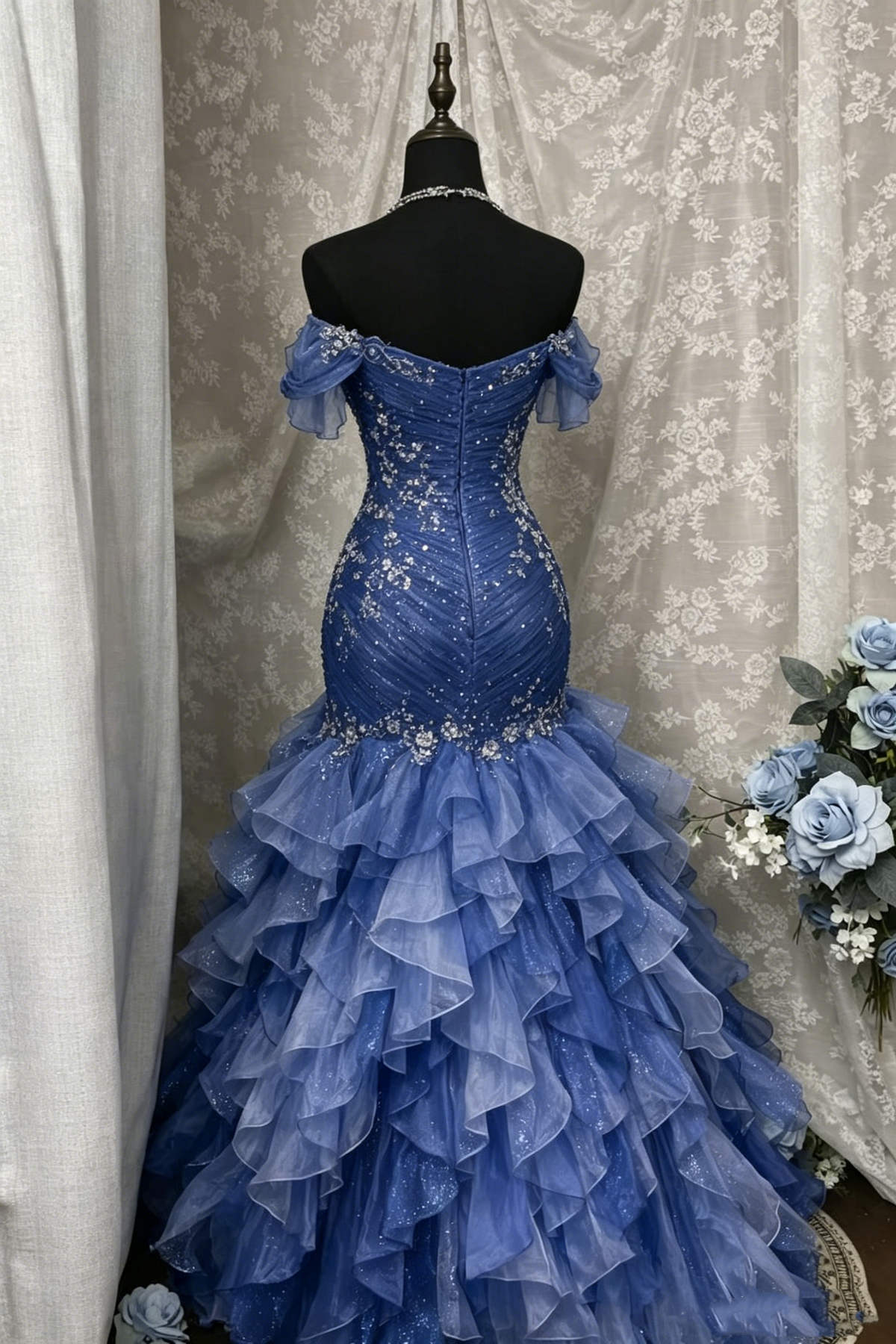Vintage Blue Off-the-Shoulder Ruffled Mermaid Prom Dress Beading Evening Gown TP5853