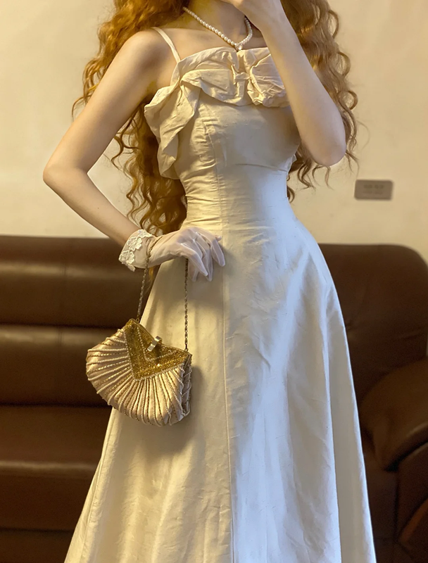 White Spaghetti Strap Waist-Cinched Slim-Fit Elegant Long Ball Gown & Bridal Gown R7384