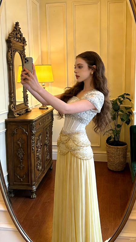White bodice with rhinestone embellishments and a light yellow skirt, long ball gown/bridal dress R8595