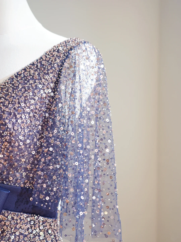 Deep blue sequined waist-cinching long elegant ball gown R8468