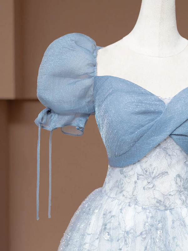 Light gray-blue puff sleeve, fitted waist, A-line skirt, long ball gown R8498