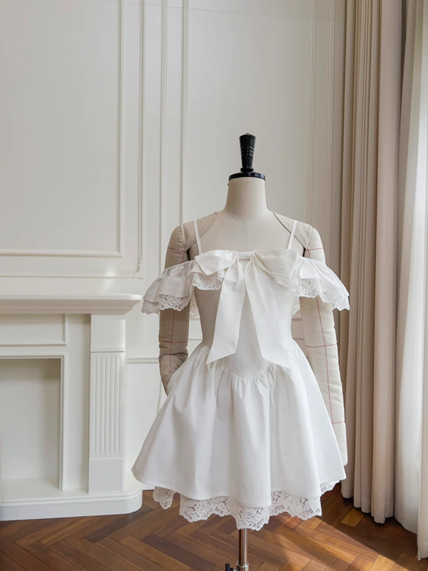 White halter waist lace skirt short skirt homecoming dress R5187