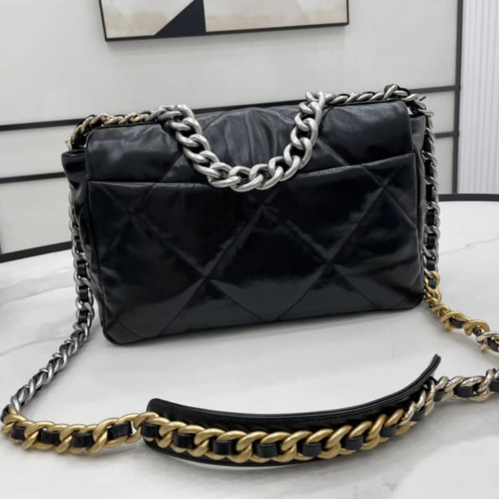 Chanel 19 Series Classic Double C Logo Silver Turn Buckle Black 31Cm