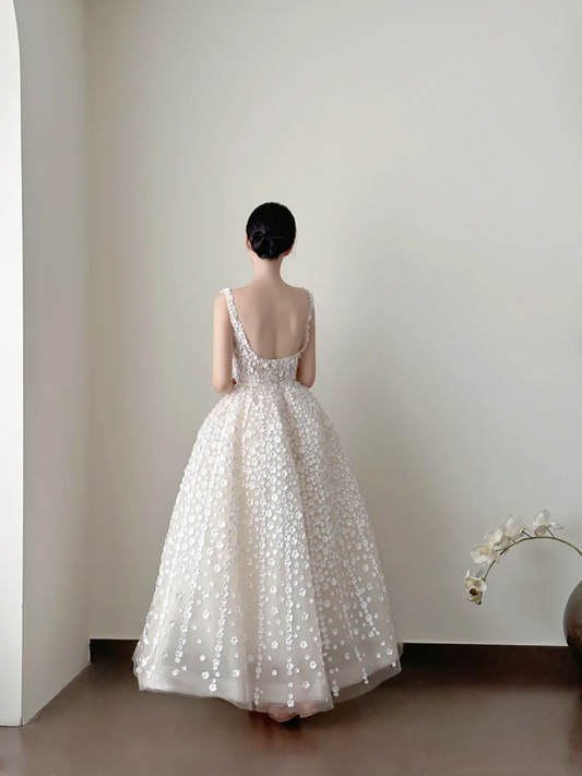 White floral-print spaghetti-strap waist-cinched slim-fit long ball gown with a ruffled skirt, wedding dress R8009