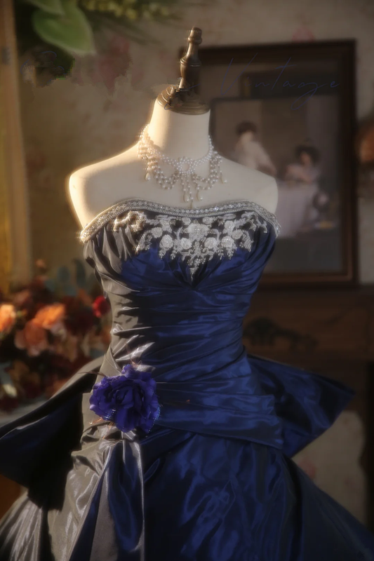 Navy Blue Strapless Waist-Cinched Puffball Skirt Ball Gown, Bridal Gown R7349
