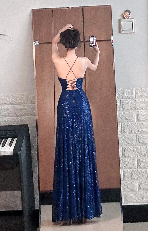 Deep blue sequined halter-neck cinched waist slit sexy long ball gown R7543