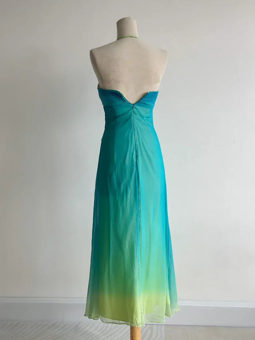 Unique Halter Ombre Chiffon Long Birthday Party Dress Evening Gown
