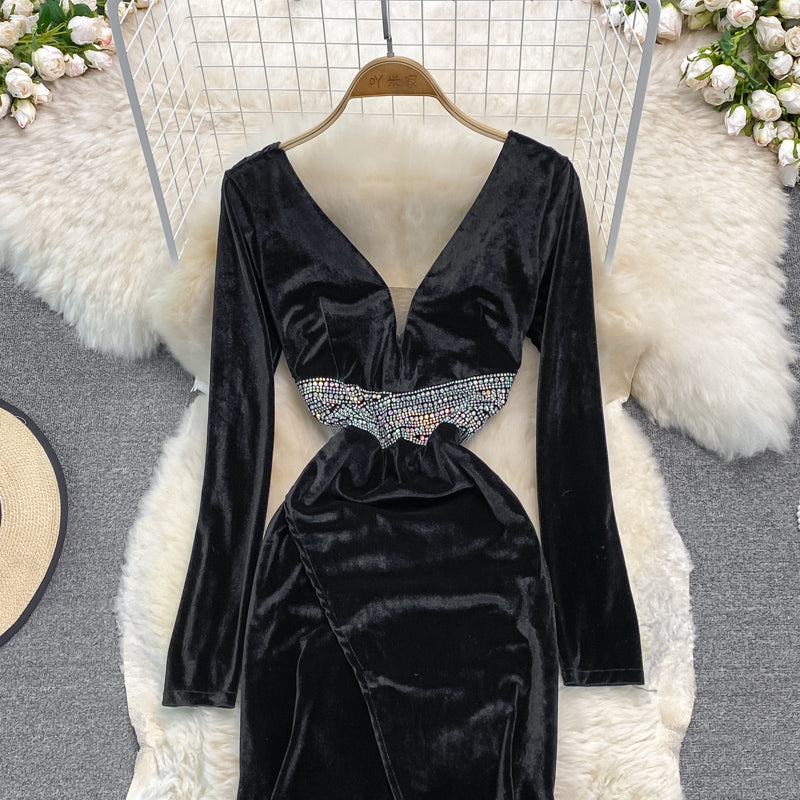 Sexy V Neck Velvet Beads Dress Fashion Dress 10927