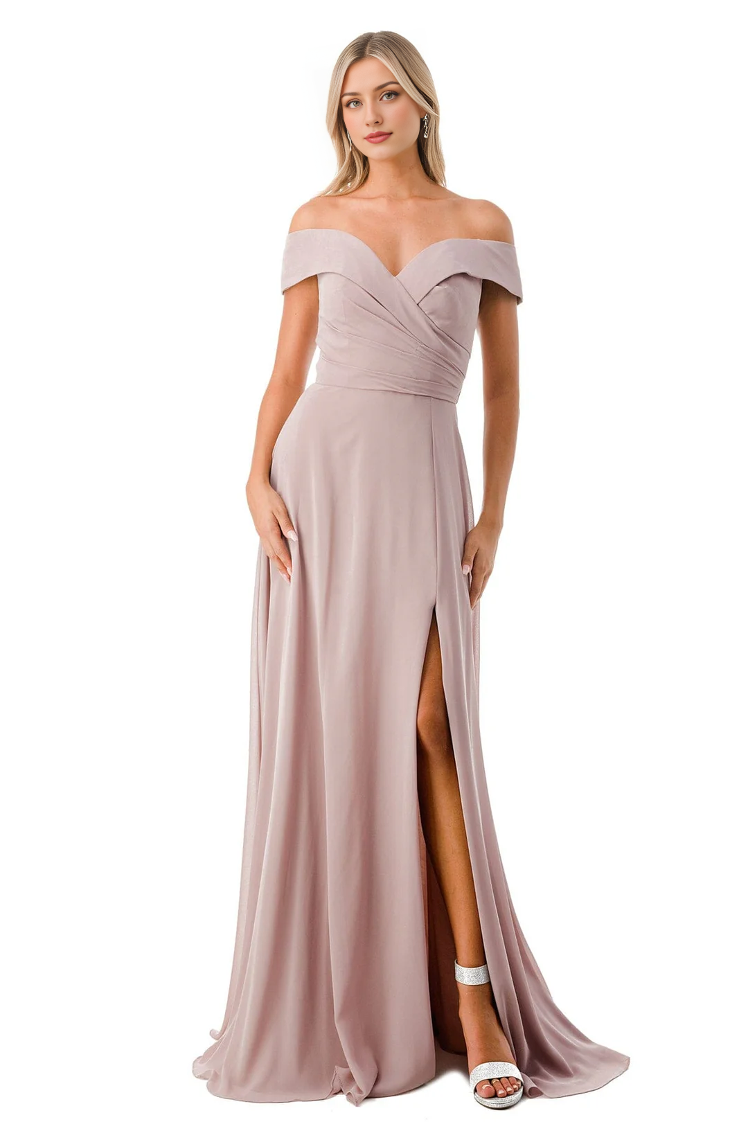 A-line slit skirt pleated long off shoulder dress