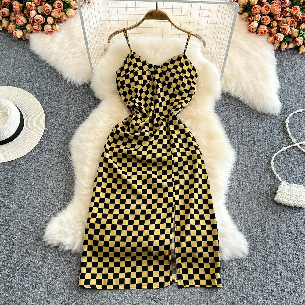 Fashion sleeveless backless split V-neck checkerboard dress 11126