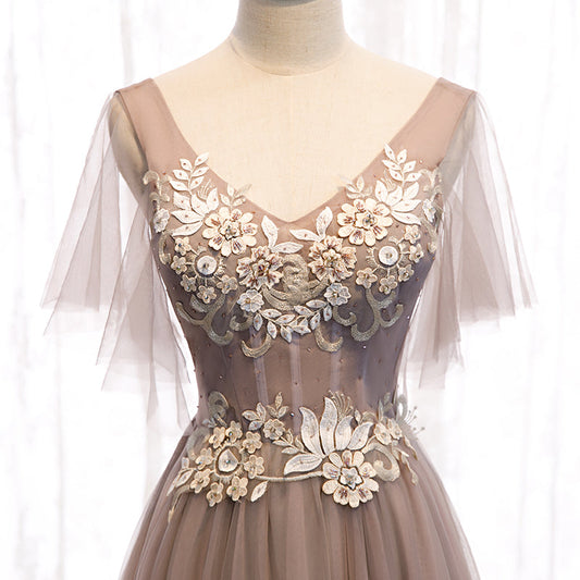 A line v neck lace long prom dress 8319