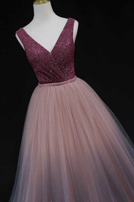 Shiny v neck tulle long prom gown formal dress 8602