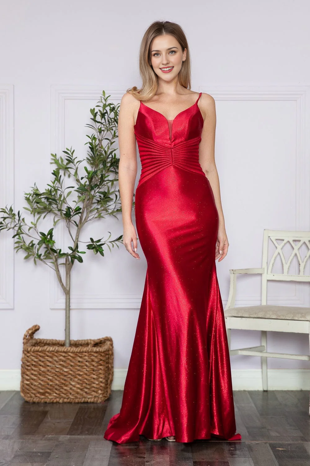 Fitted skirt sparkling plain weave knit long sleeveless V-neck dress
